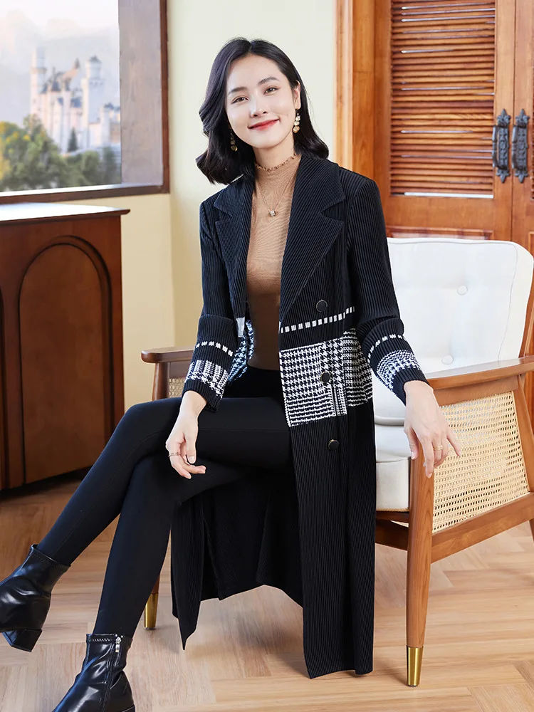2024 New High Level Black Coat Women's Autumn And Winter Pleated Casual Mid-length Coat Large Size Women's Coat for Women Female