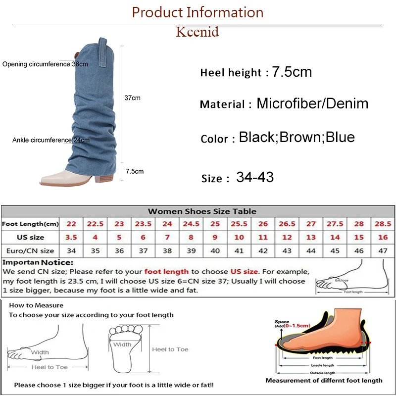 Kcenid Women's Retro Pointed Toe Western Boots Knee-High Fashion Pleated Chunky Heel Modern Street Style Autumn Winter Shoes