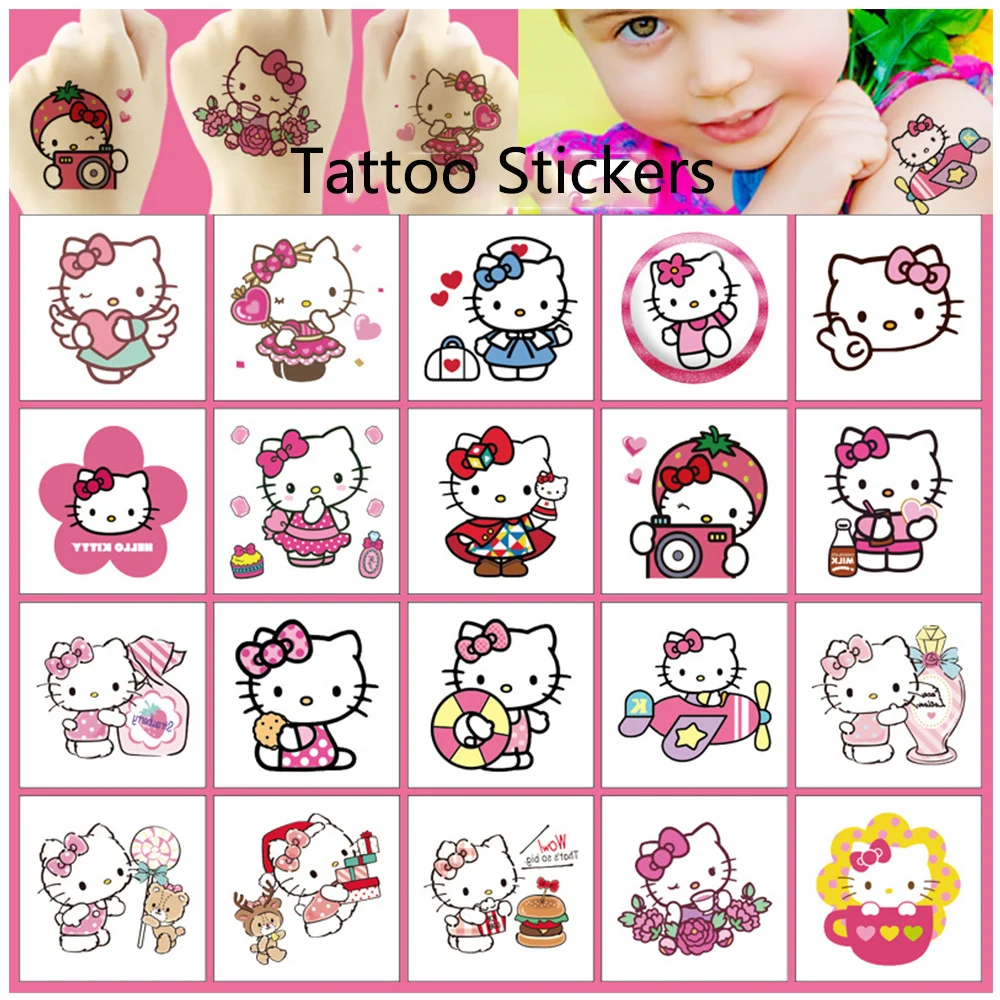 Pegatinas de tatuaje temporales impermeables de Hello Kitty para niñas, calcomanía de Anime, arte corporal de brazo, tatuaje falso, 38 piezas