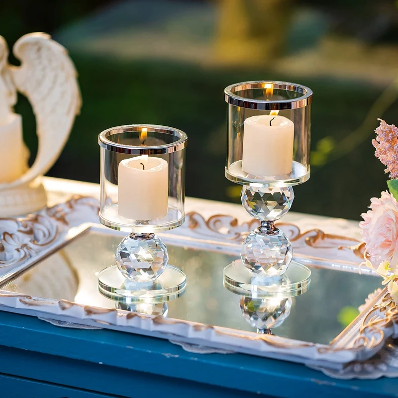 Crystal Glass Pillar Candle Holder Clear Glass Candle Holder With Glass Covers For Table Centerpiece Decoration