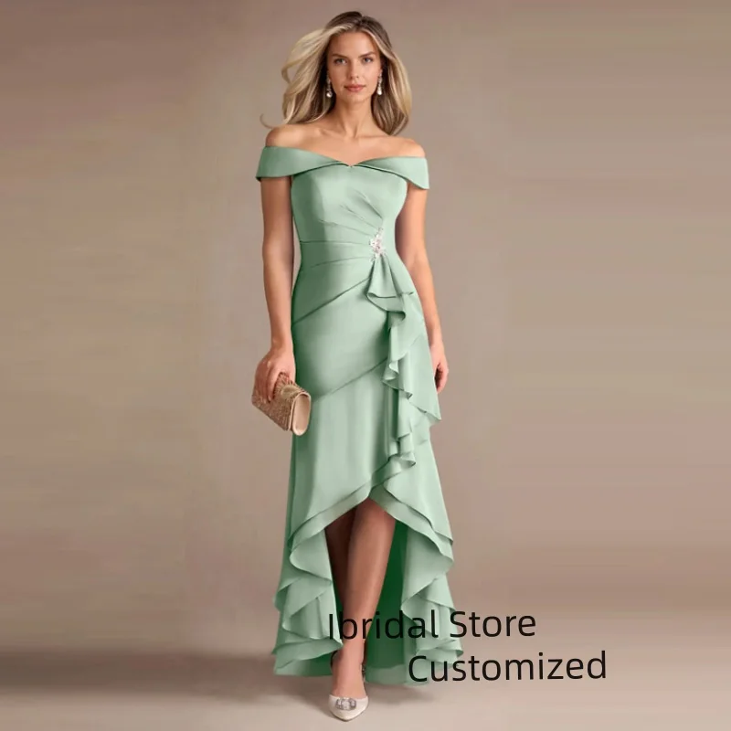 Customized Elegant  Ruffles Mother of the Bride Dress Classic Off the Shoulder High Low Mermaid Chiffon Robes Invitee Mariage
