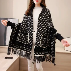 #0122 Black Red White Khaki Mink Cashmere Ponchos And Capes Women Warm Plaid Cape Coat Tassel Cardigan Kimono Long Big Pockets