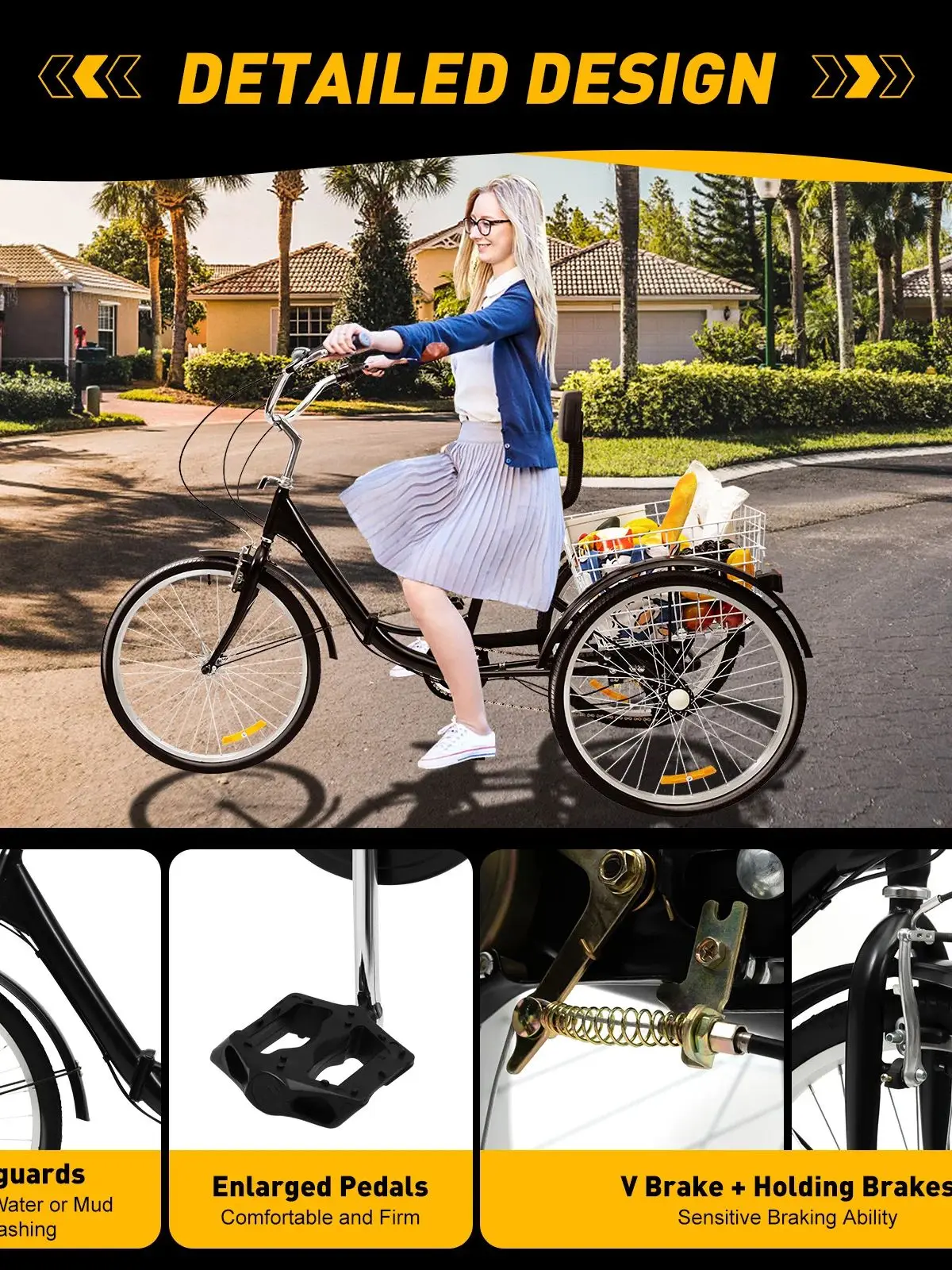 24-inch 7-speed opvouwbare driewieler voor volwassenen, geschikt voor 1,6-1,8 meter met verstelbare zitting en mand, zwart/blauw/rood - afbeelding 2