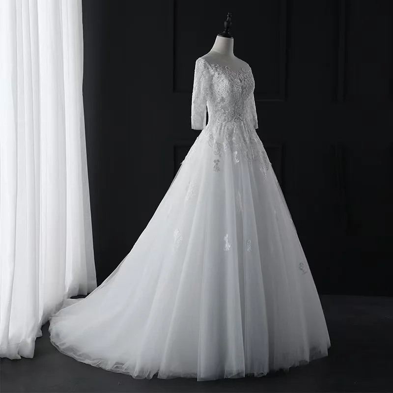 Wedding Dresses O-Neck Half Sleeves Elegant Tulle With Beads Applique Lace Bride Dress For Bridal Gown Robe de Mariee Customized