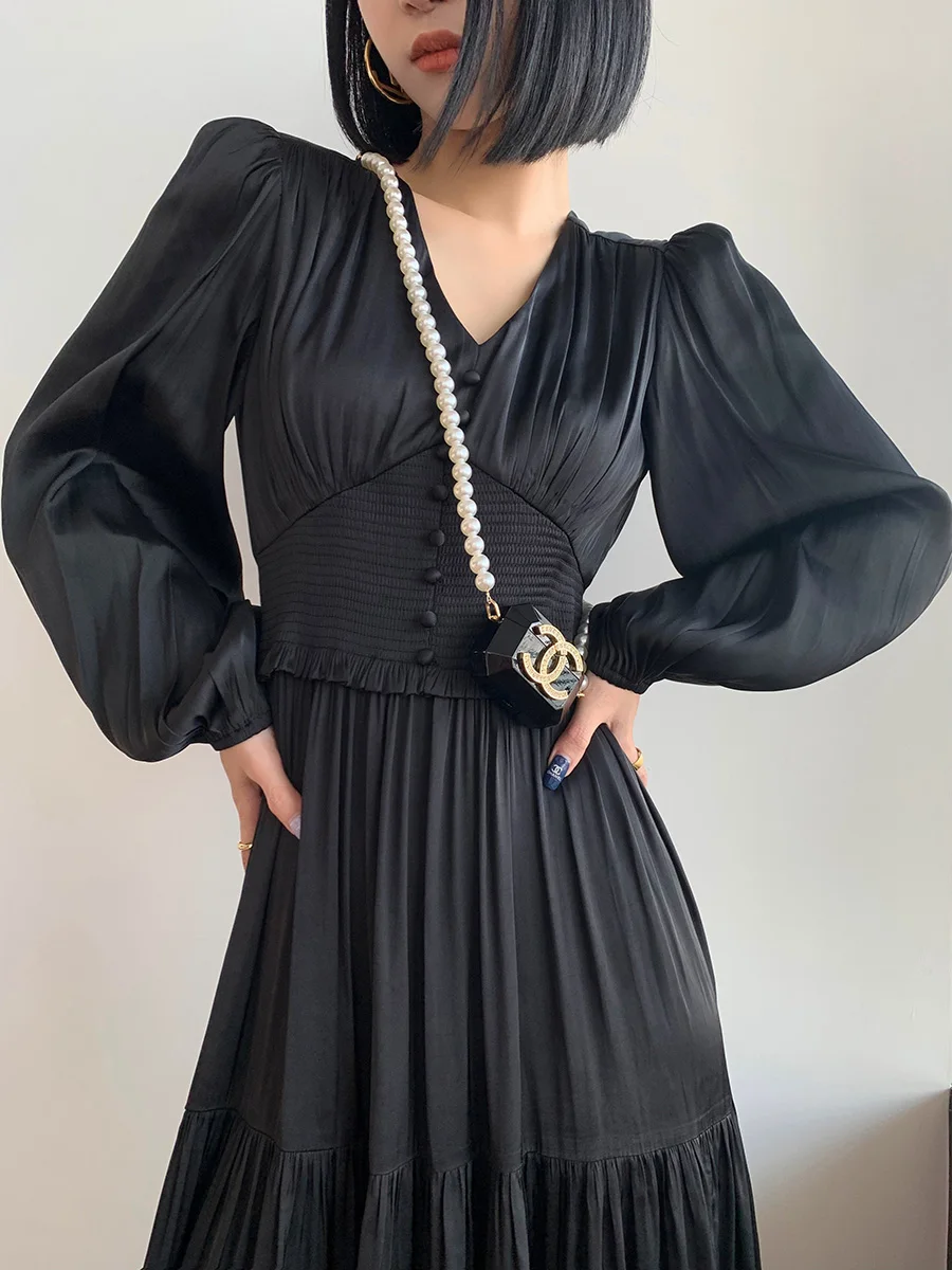 

Deeply Retro High Waist Midi Black Dress Women's Spring New V-neck A-line Gown Luxury Folded Skirt Elegant Long Sleeve Dress
