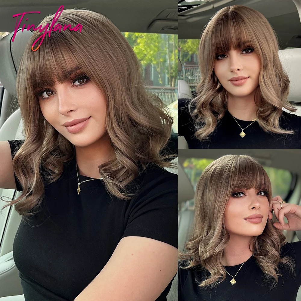 

Curly Short Bob Wavy Synthetic Wig with Bangs Chestnut Golden Brown Ombre Lolita Cosplay Wig for Women Heat Resistant Natural