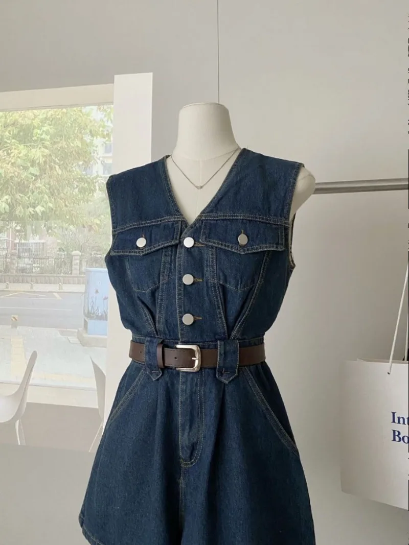 

Sweet Hot Girl Retro Sleeveless Denim Jumpsuit Shorts Women's Summer Casual High Waisted Loose Jumpsuit Shorts Female Clothes