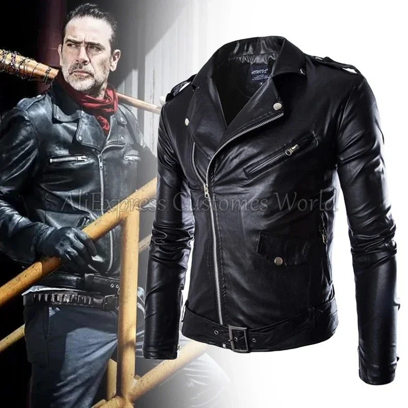 Anime The Walking Dead Negan Black PU Leather Jacket Dead City Cosplay Costume Motorcycle Coat for Women Men Halloween Party