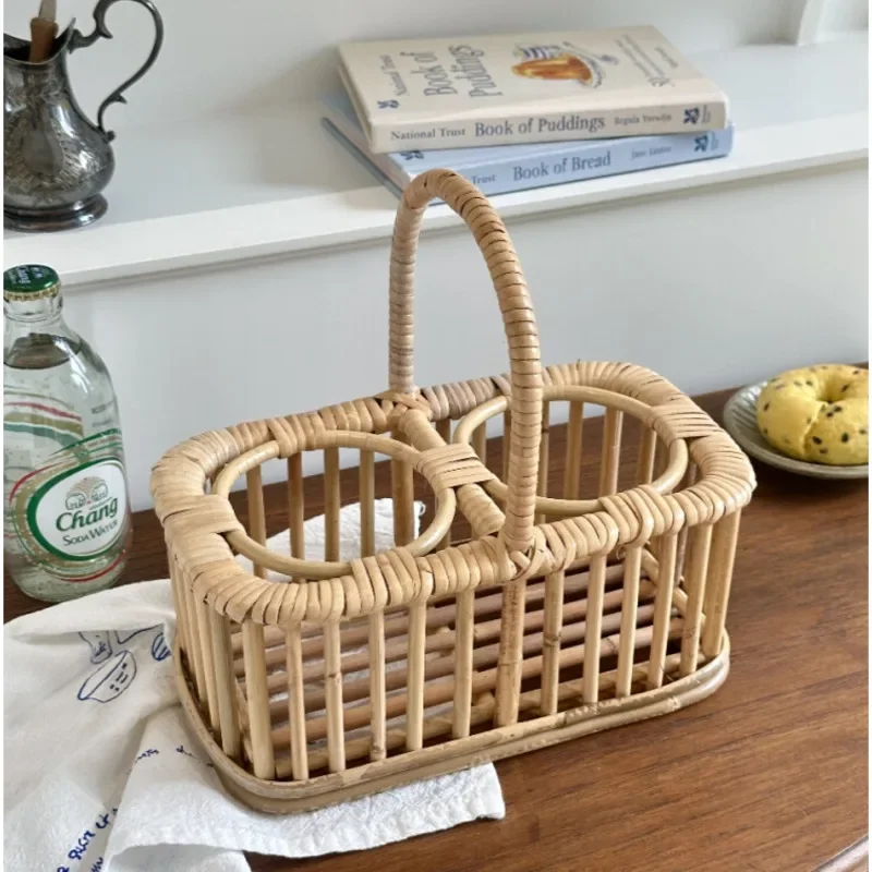 Ins Korean Storage Box Natural Rattan Weaving Handle Basket Double Grid Design Red Wine Track Exquisite Versatile Home Supplies