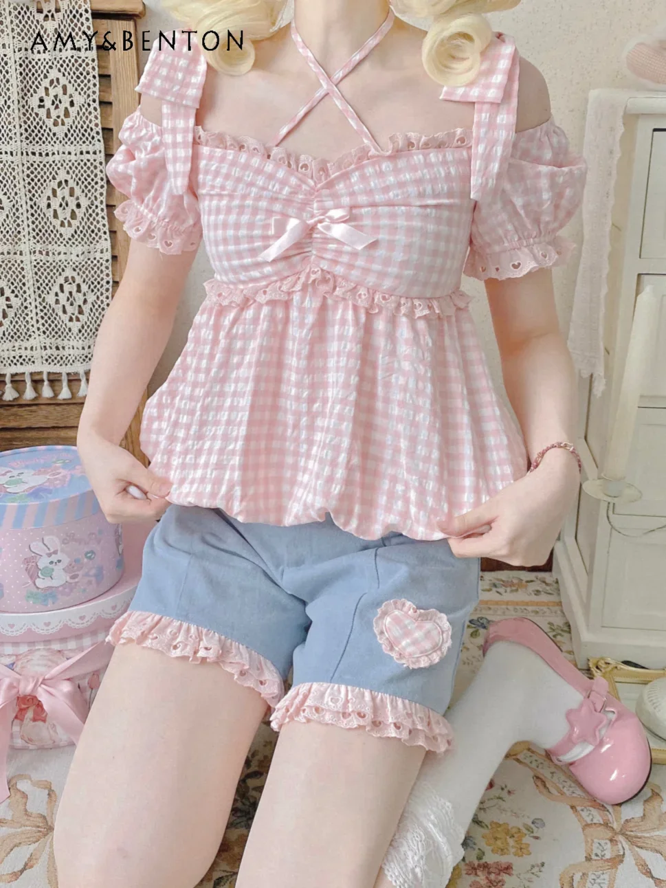 Summer New Sweet Cute Bow Bubble Sleeve Shorts Plaid Top Women Kawaii Lace Splicing Off-shoulder Loose Tops Preppy Style Y2K Top