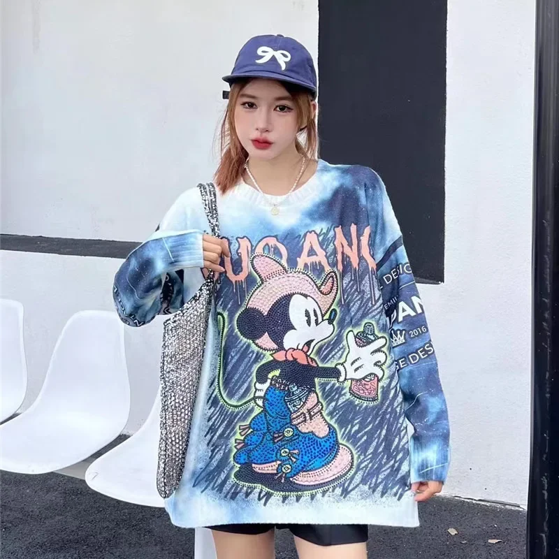 Heavy Industry Hot Diamond Tide Brand Autumn Oversized Knitted Sweater Women\'s Cartoon Printing Faux Mink Hair Top Autumn Winter