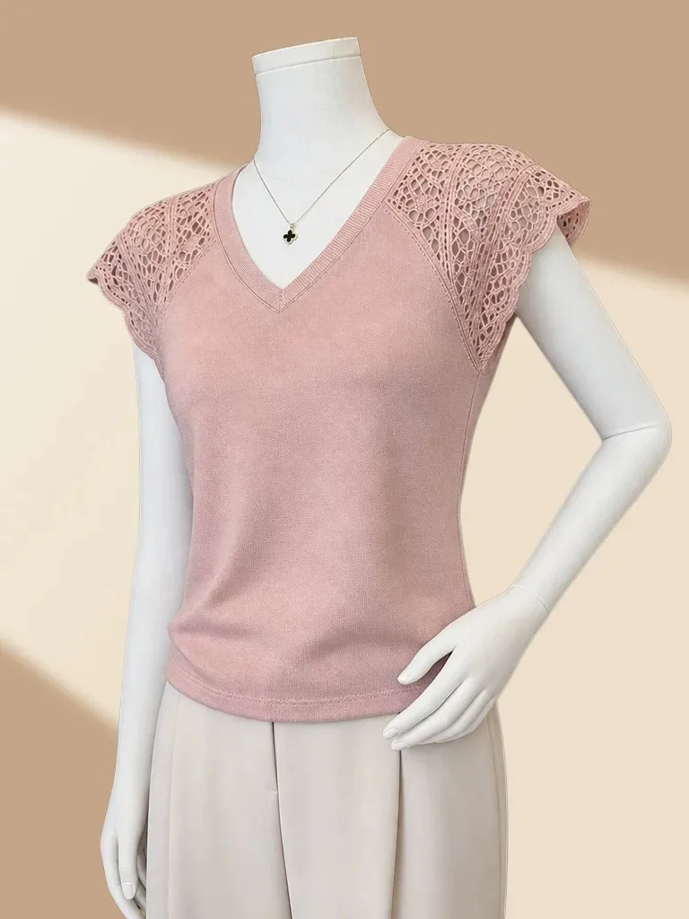 Pink V-neck Short Sleeve Knitted Lace Splice Slim Fit Base Shirt Women's Summer New Style Gentle Wind Fashion T-shirt