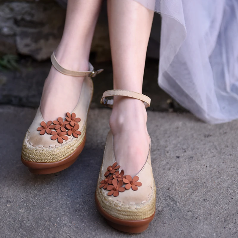 

Artmu Original Platform Shoes For Women Strap Buckle Flowers Thick Heel Casual Flats Genuine Leather Luxury Female Mother Shoes