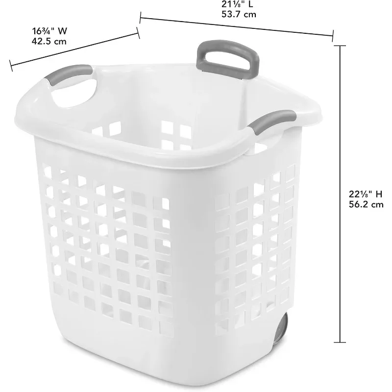 Wheeled Laundry Basket, Handle and Wheels for Easy Rolling of Clothes to and from the Laundry Room, Plastic