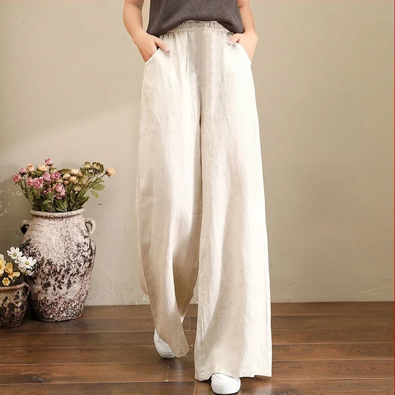 

Casual Cotton Linen Wide Leg Width Pants Woman Elegant Baggy Summer Women's Pants 2024 Straight Trousers Vintage Loose F793