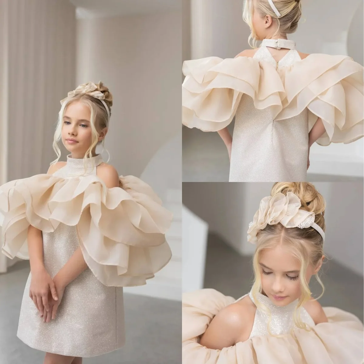 فساتين فتاة الزهور مخصصة قبالة الكتف لحفلات الزفاف الكشكشة طول الركبة جميلة أول مناولة للأطفال فساتين حفلات أعياد الميلاد #2