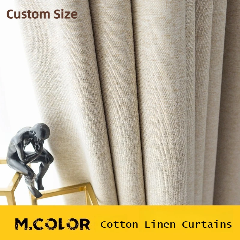 Modern Minimalist Cotton Linen Curtains for Living Room Bedroom Solid Color Thick High Blackout Linen Textured Custom Size