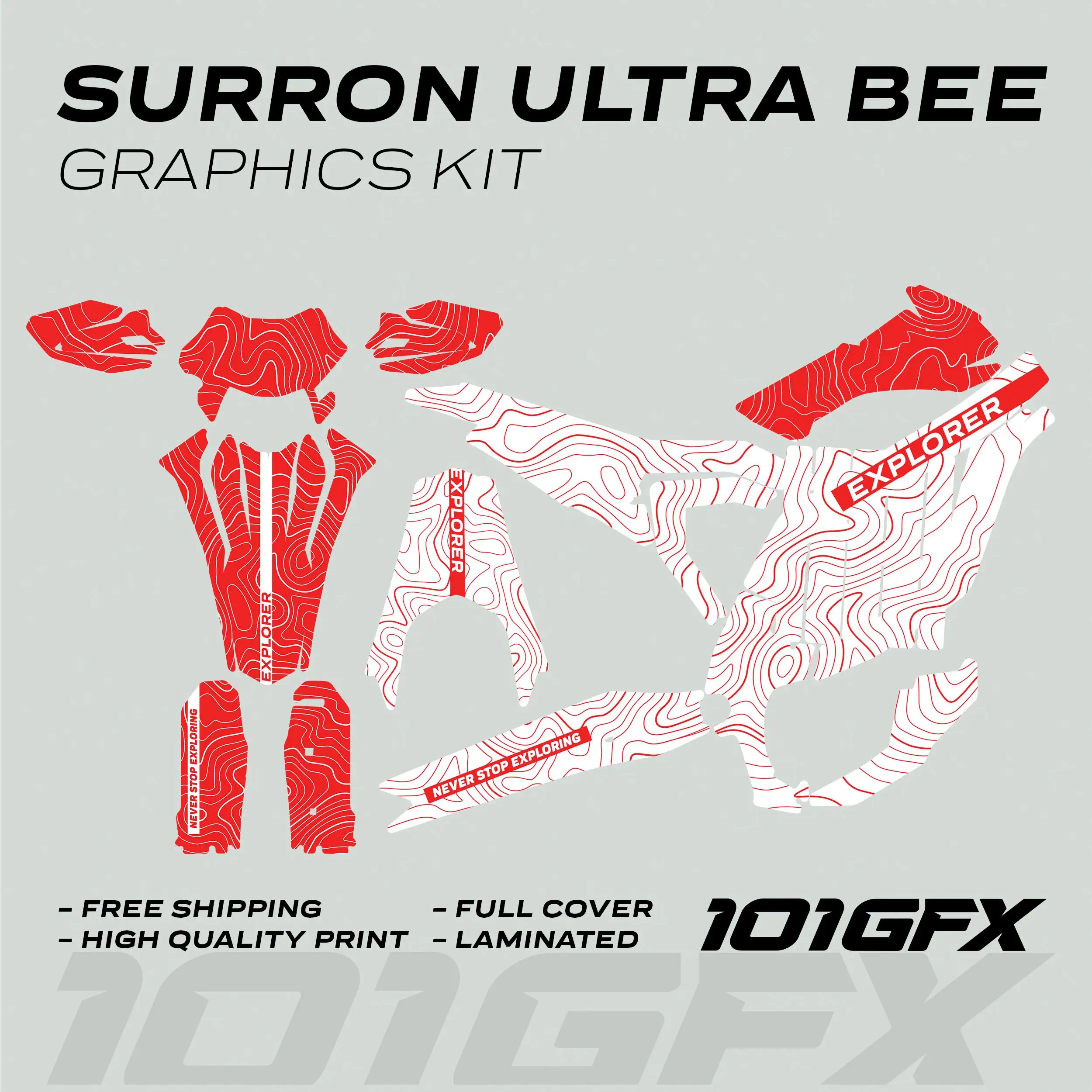 Graphics Kit EXPLORER WHITE RED Explore Altitude Decals Stickers Laminated eBike Decals Wrap Protection For Surron Ultra Bee