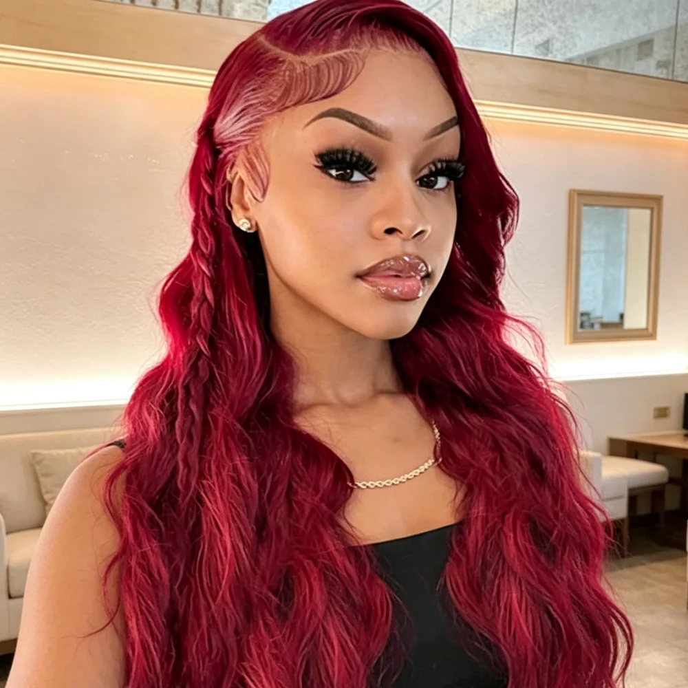 34 Inch 99J Burgundy Body Wave 13x4 HD Transparent Lace Frontal Wig Human Hair Pre Plucked Baby Hair Cuticle Aligned Colored Wig For Black Women