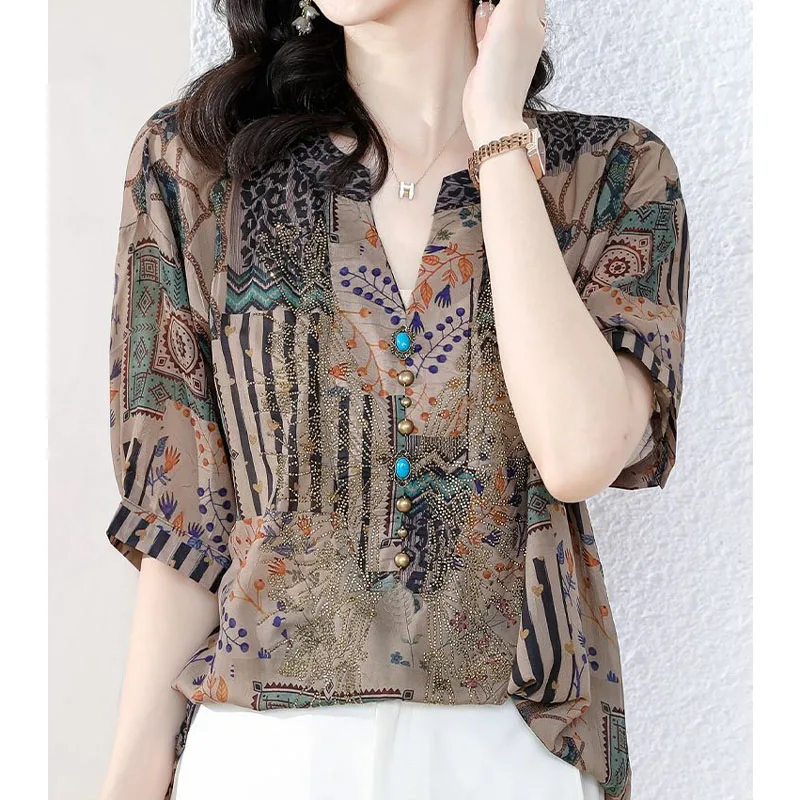 Vintage Casual Printing V-Neck Shirt for Women Summer Loose All-match Short Sleeve Diamonds Spliced Blouse Women\'s Clothing