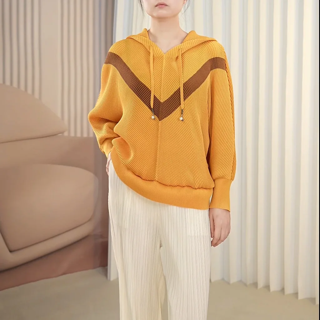 

Plus Size Women Hooded Sweatshirt Jacket Pleated Colour-Blocked Geometric Pattern Design Fashion Casual Female Coat