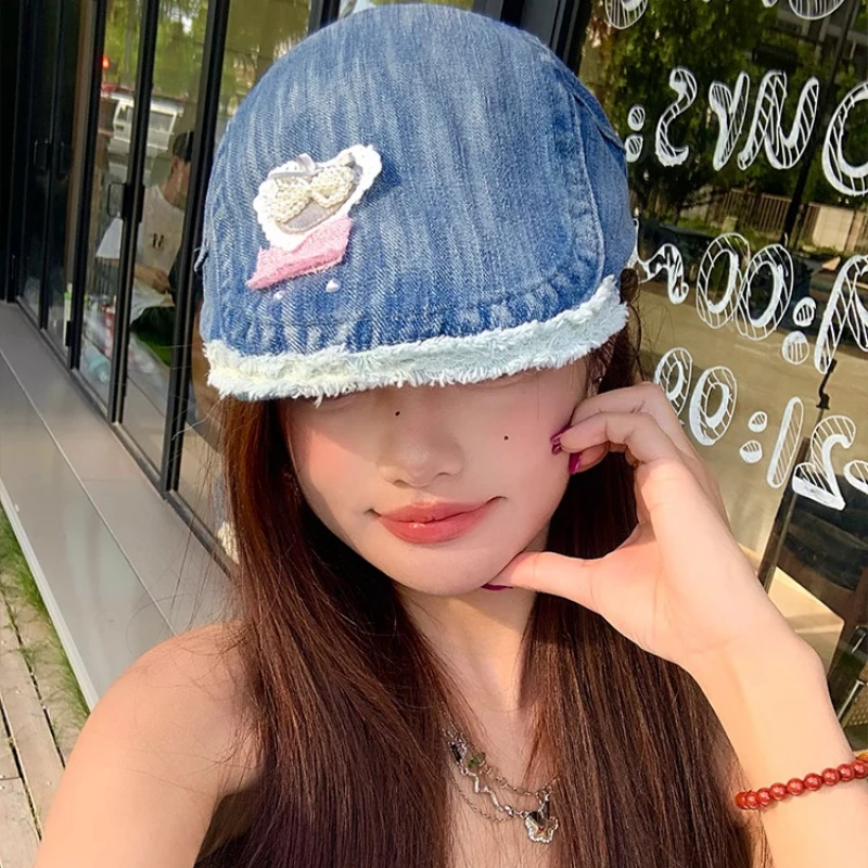 اليابانية الحلو اللؤلؤ القوس تصميم غسلها الدنيم إلى الأمام قبعة المرأة الصيف تنفس تنوعا ظلة شقة أعلى بلغت ذروتها قبعة #2