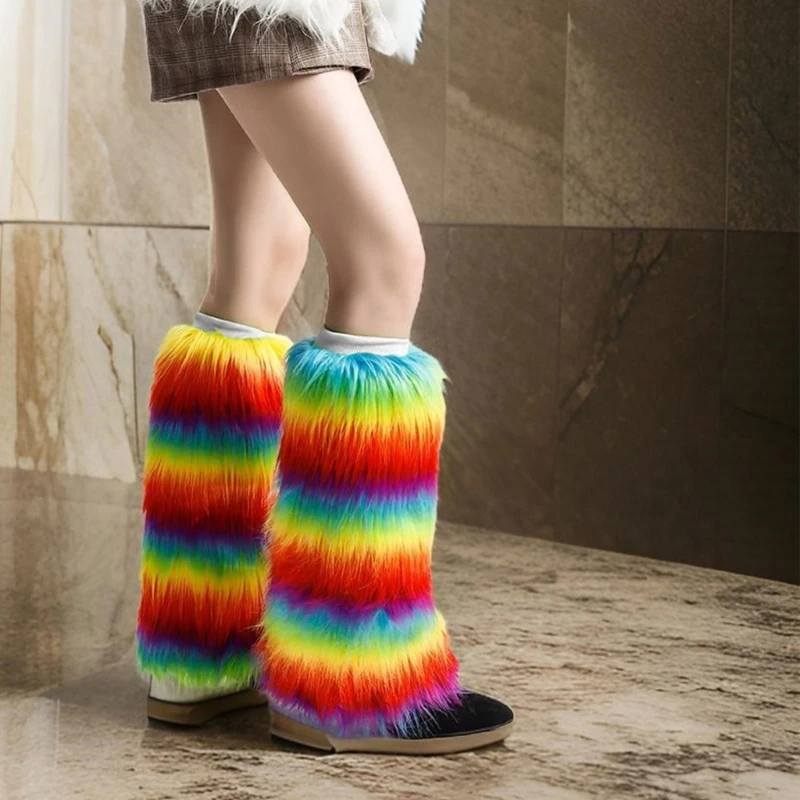 Japanese Colorful Rainbow Faux Fur Leg Warmers Boot Covers Y2K Goth Leg Socks Punk Jk Knee-length Hiphop girl Fashion Warm Sock