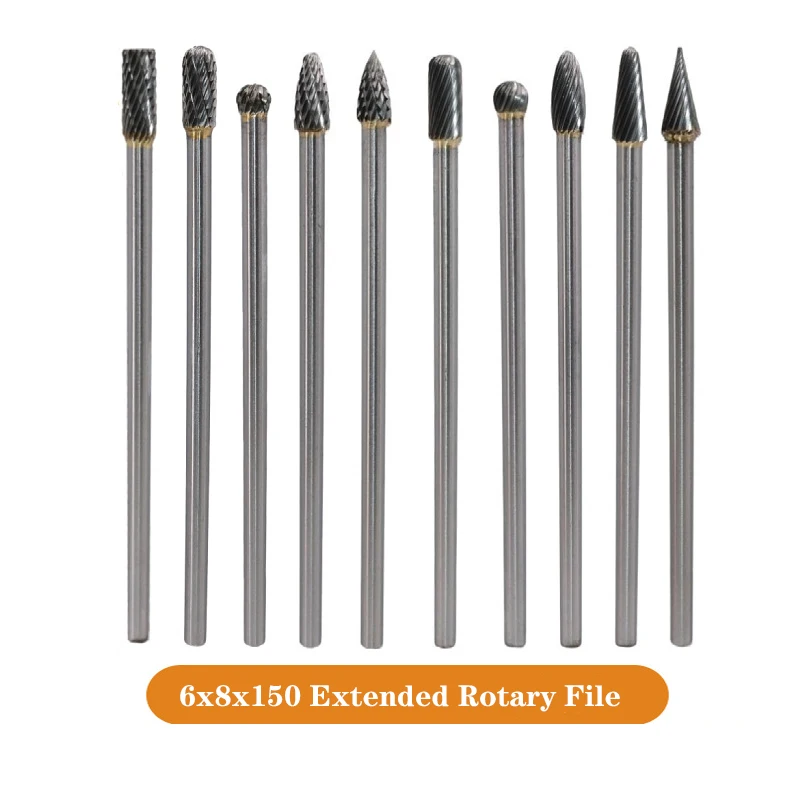 

10Pcs, 6x8x150mm, Tungsten Carbide Rotary Burr Set, Die Grinder Drill for Carving, Polishing, Double Cut, 1/4 Shank