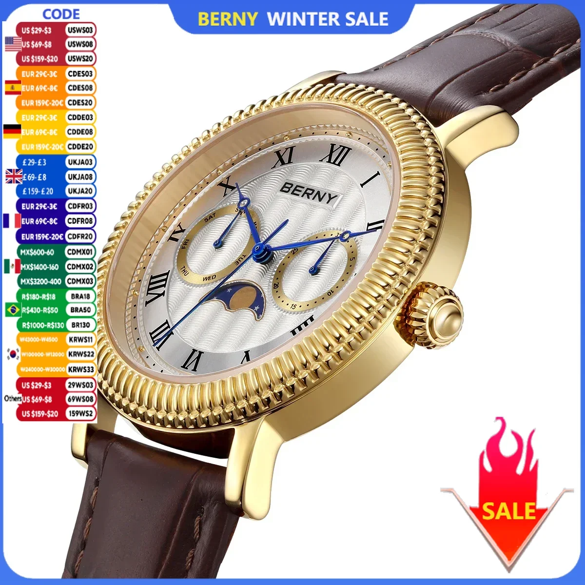 Relojes BERNY para hombre, marca de vestir de lujo, reloj de pulsera de cuarzo dorado con lunas reales para hombre, calendario de zafiro S/S, reloj