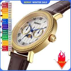 BERNY Uhren für Herren, Luxus-Kleidermarke, Business, Gold, Quarz, echte Monde, Herrenuhr, S/S, Saphir, Kalender, Mondphase-Armbanduhr