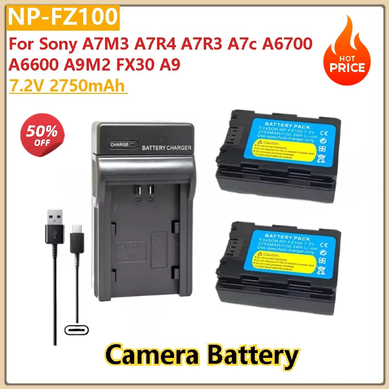 

NP-FZ100 2750mAh 7.2V Battery + USB Charger for Sony BC-QZ1 for Sony A7M3 A7R4 A7R3 A7c A6700 A6600 A9M2 FX30 A9 High Quality