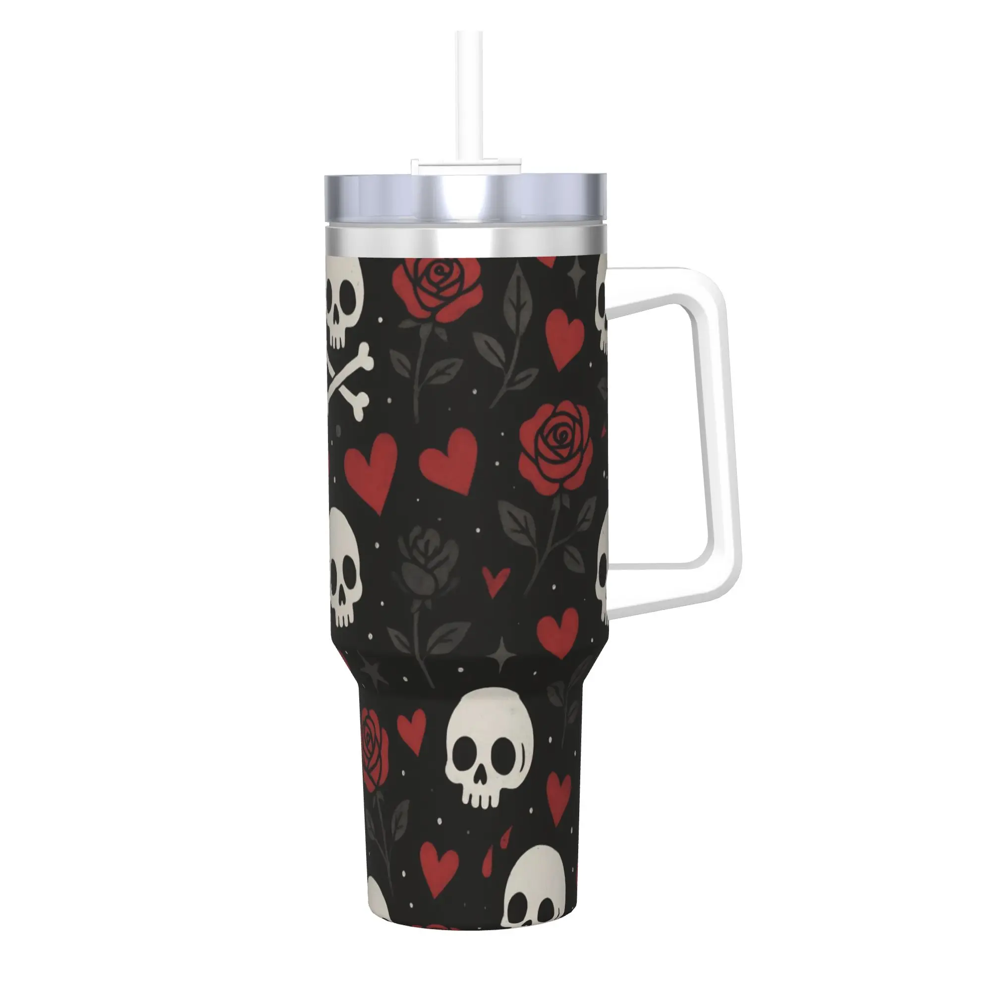 Halloween Skulls And Flowers Gothic Goth Tumbler 40oz Stainless Steel Double Wall Vacuum Insulated  Mug Cups With Straw