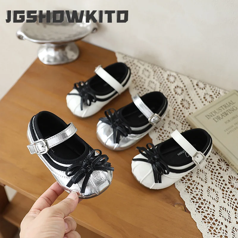 JGSHOWKITO Little Girl Leather Shoes Fashion Pleated Bow Children's Flat Shoes Round-toe Causal School Soft Kids Mary Jane Shoes