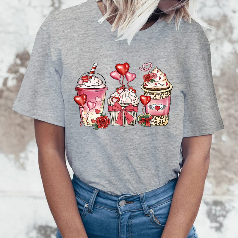 (High quality T-shirts)Fashion Valentine'S Day Coffee Print T-Shrits For Women Summer Short Sleeve Round Neck Cute Loose T