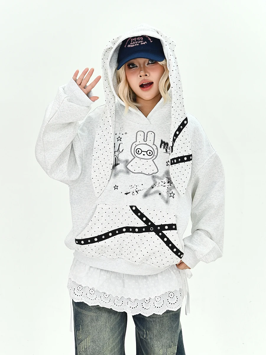 

Spring 2026 Women's Loose Fce Hoodie Rabbit Ear Couple Tops Casual Sle Long Sve Zipper Closure Streetwear Trend