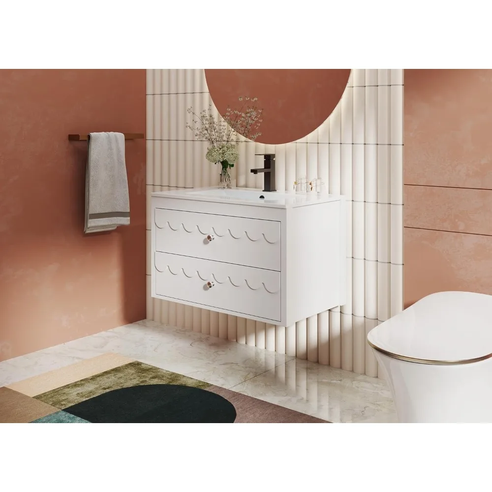 حمام عائم حديث مثبت على الحائط مع حوض، 30 خزانة تخزين تتميز بحواف زخرفية معاصرة #3