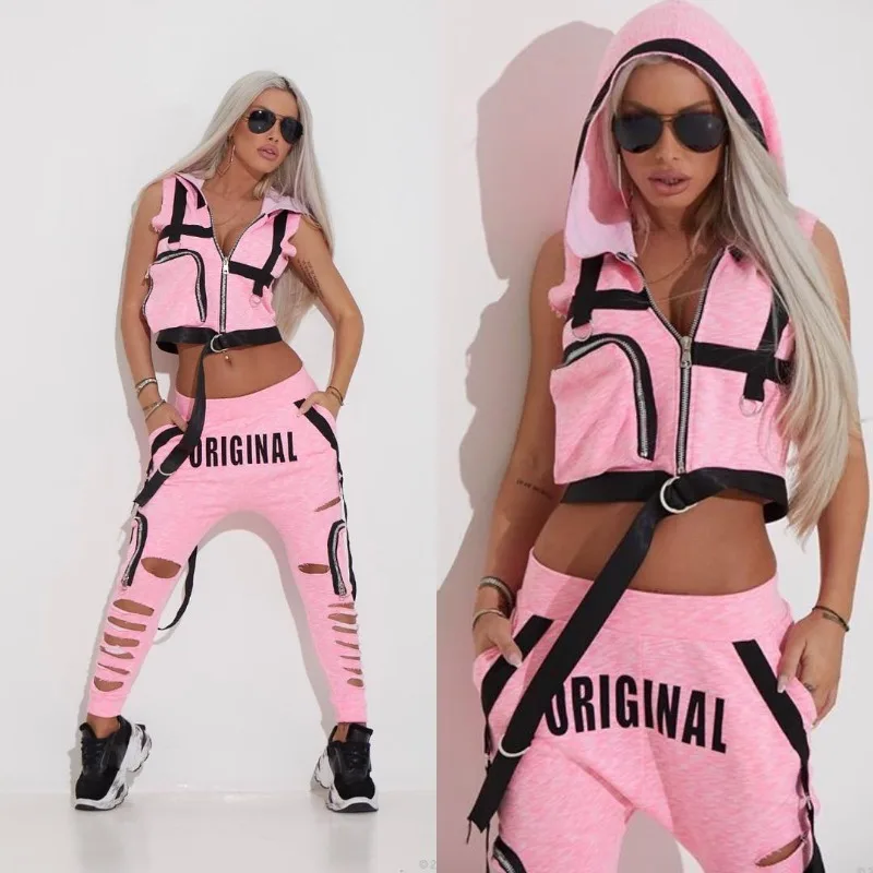 

Krisnanas 2 Pieces Set Sports Sportswear Yoga Suit Women Fashion Hooded Zipper Vest&Hole Pants Suits Female Fashion 84848