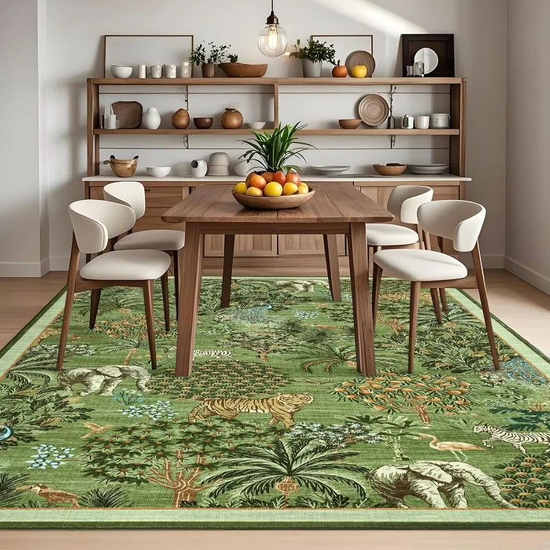 

Green Living Room Carpets Nordic Style Jungle Animal Plant Print Bedroom Rug Vintage Machine Washable Non-slip Coffee Table Mats