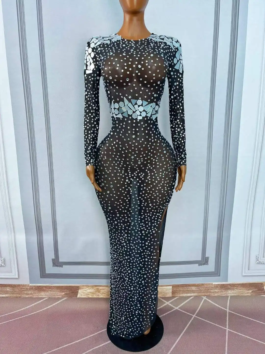 Sexy Transparent Black Mesh Shining Mirrors Rhinestones Trim fit Dress Women Party Evening Gown Red carpet Show Stage Wear view 6