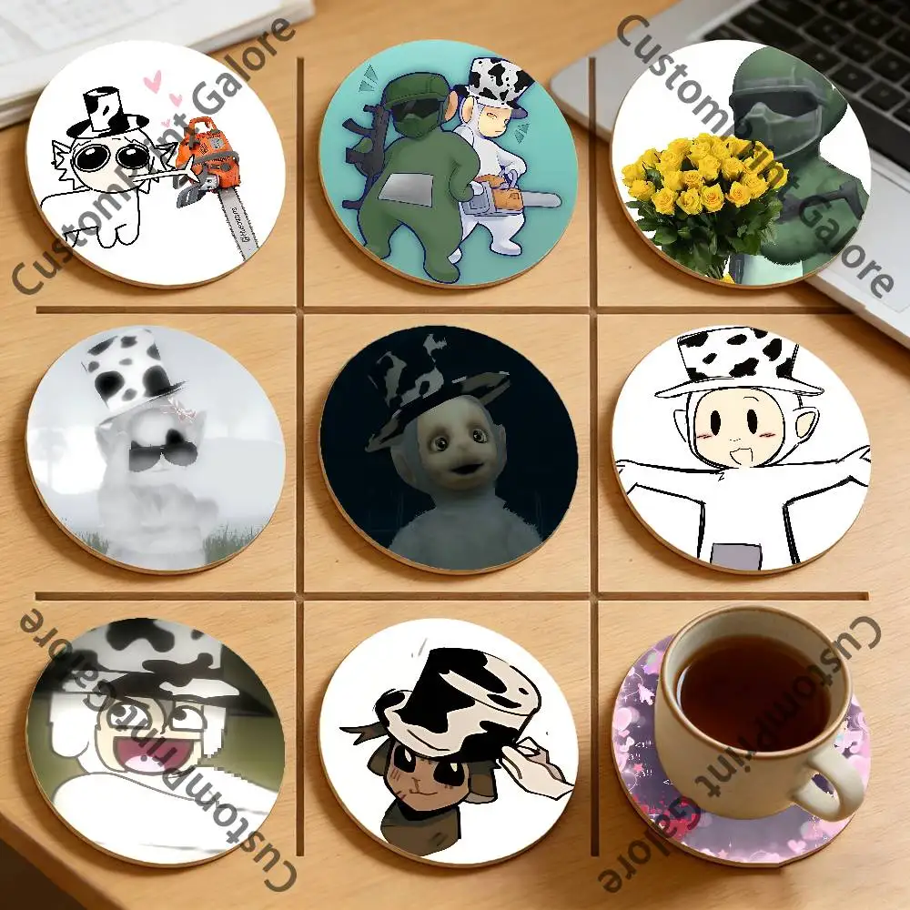 

S-Slendytubbies 3 G-Guardian Natural Pine Wood Round Coasters Non-Slip Heat-Resistant Cup Mats for Coffee Drinks