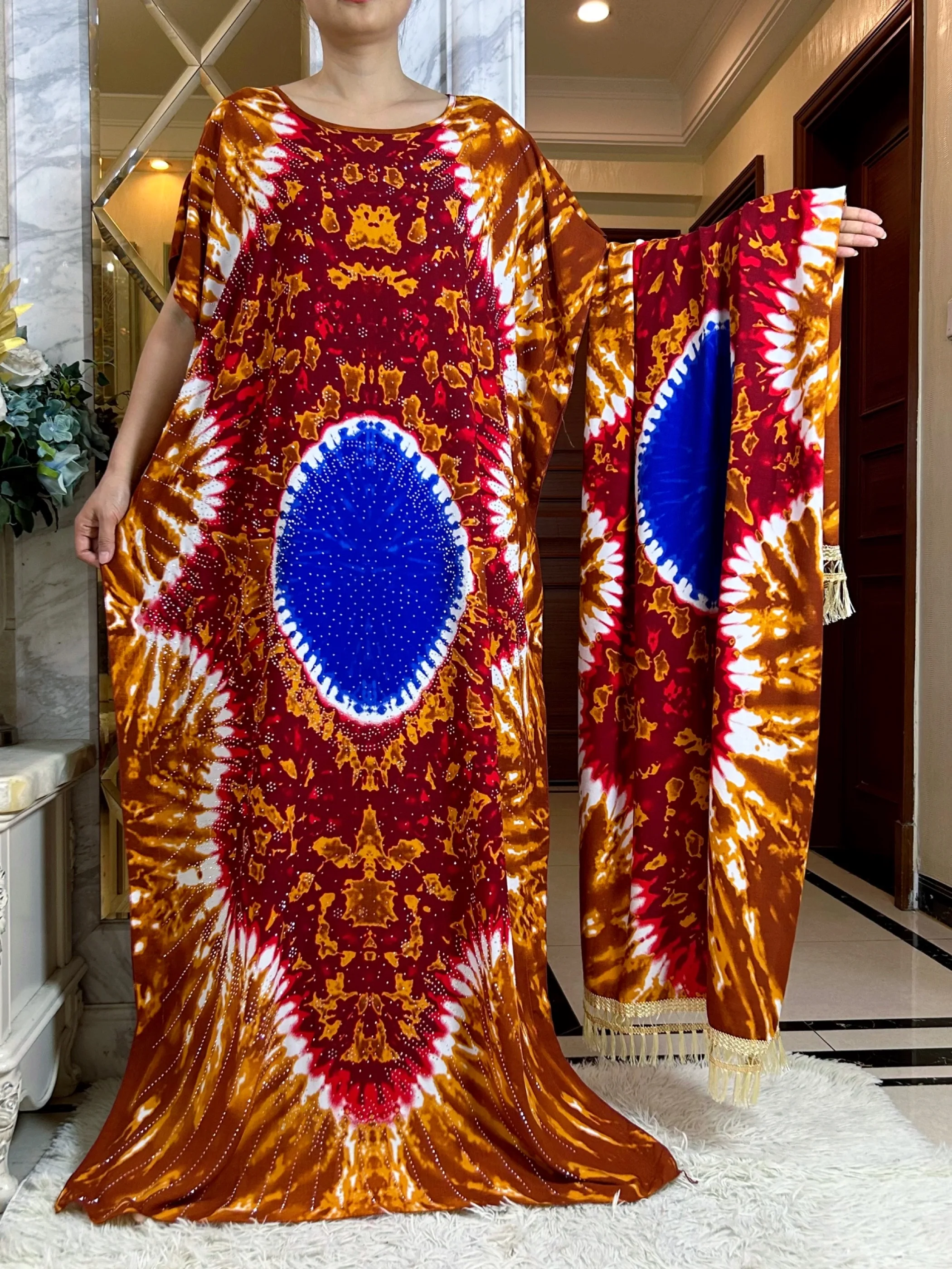 

Latest Muslim Diamond Dress Cotton Loose African Dashiki Floral Printed Summer Short Sleeve Women Casual Dresses With Big Scarf