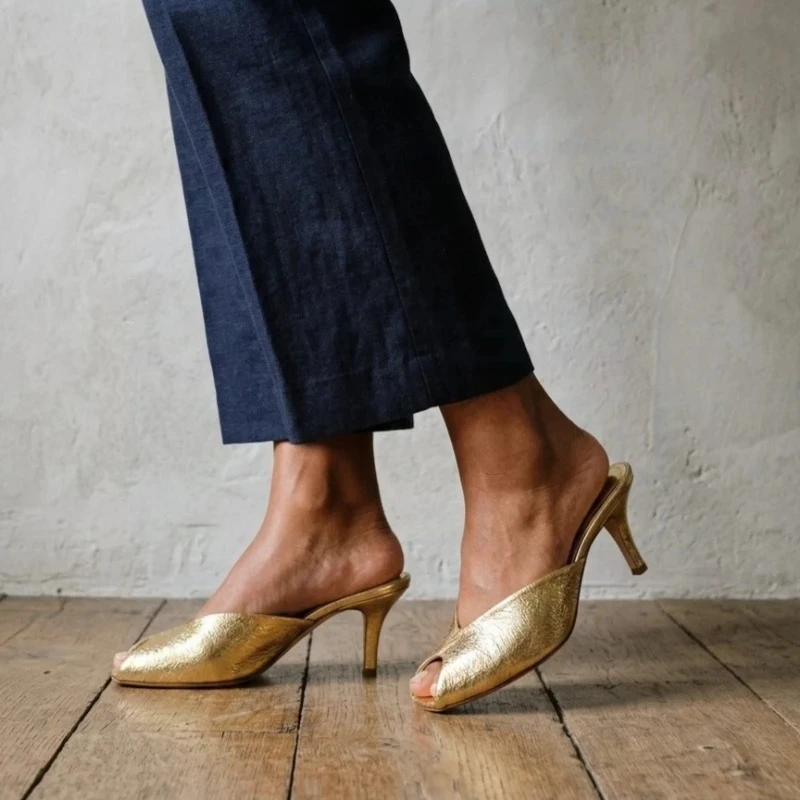 Women's Pumps Designer Gold Women Mules Sandals Luxury High Heels for Women Fashion Peep Toe Party Dress Shoe Summer Modern Shoe view 2