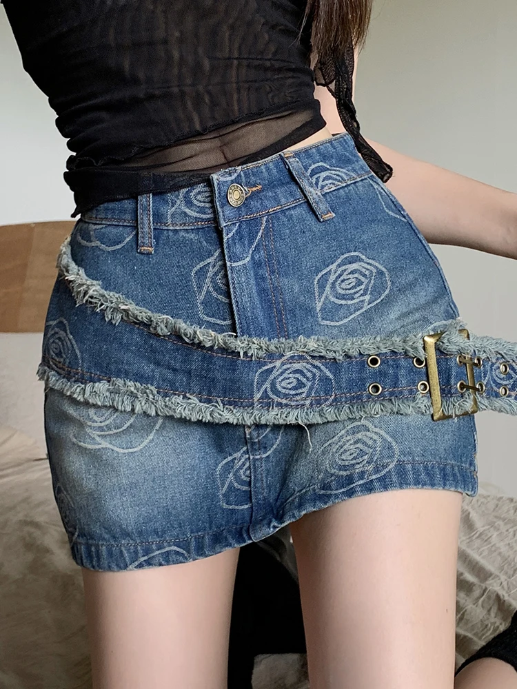 Vintage Women's Casual Ripped Jean Skirt Irregular Belt High Waist Mini Denim Skirts Sexy Mini Short Skirt Ladies 2024 New Y2K