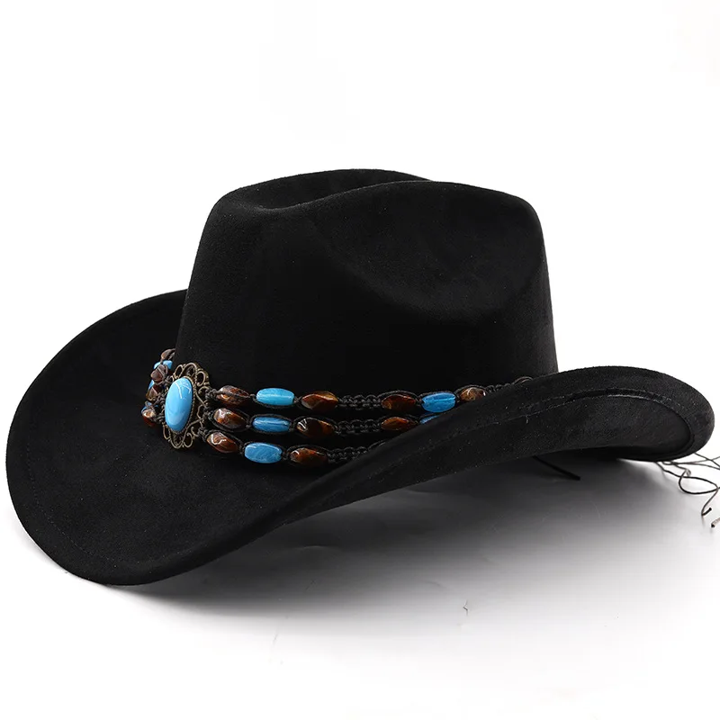 Western-Cowboyhut aus Wildleder zum Reiten für Männer und Frauen, Outdoor-Reisehut mit gerollter Krempe, Zylinderhut im Ethno-Stil, Filzhut – Detail 14