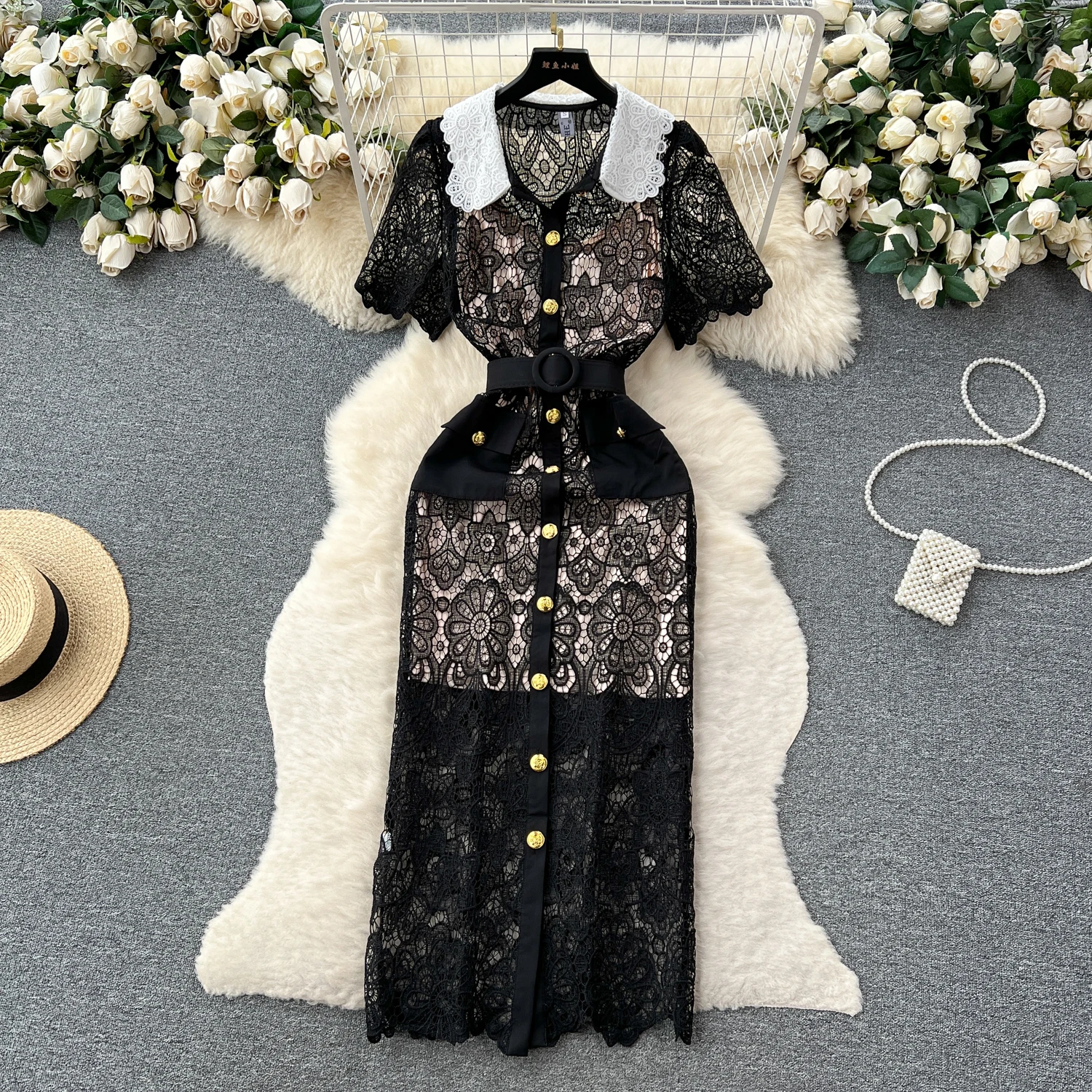 Sexy Chic lace Embroidery Turn-down Collar  Dress vintage Elegant Korean Fashion Party Basic Slim Summer dresses