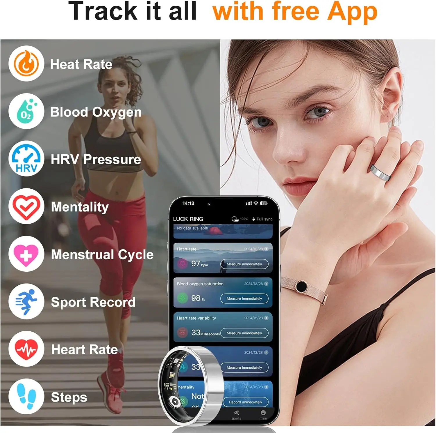 S10 المرأة رقيقة الذكية حلقة جهاز تعقب للياقة البدنية معدل ضربات القلب الأكسجين مراقبة دورة الحيض لا التطبيق الاشتراك سبيكة