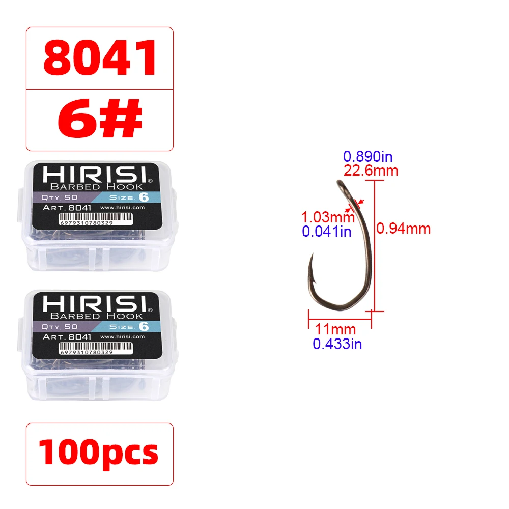 Hirisi 8041 50 Stück PTFE-beschichtete Angelhaken aus Hochkarbon-Edelstahl Rostfrei Scharfe Spitze mit Widerhaken und Öse für Angelzubehör