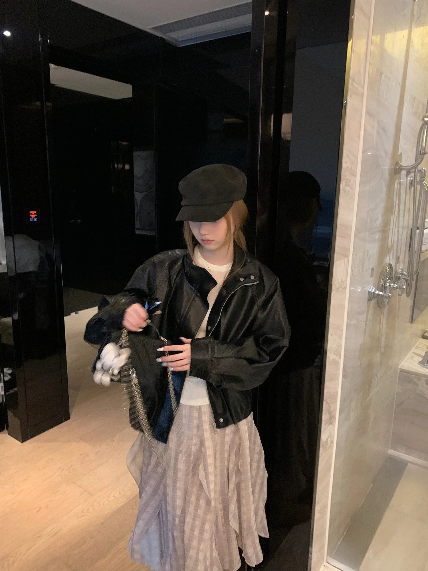 Cool Loose Bla Rose Bar Flower Bud Women's Jaet Leather Coat Sli Commute Wind Resistant ort Sve Long Coat