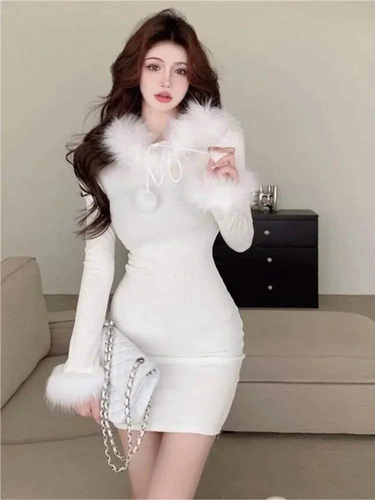 

Women Solid Elegant Faux Fur Collar Mini Dress Lady Sexy Winter Long Sleeve Club Bodycon Dress Female Knitted Sweater Dress