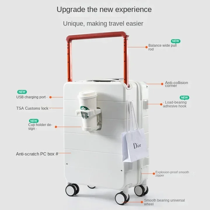 Multifunctionele trolley kofferbagage Brede trolleykoffer Grote capaciteit studentenbagage Oplaadbare reiskoffer Unisex kofferbak